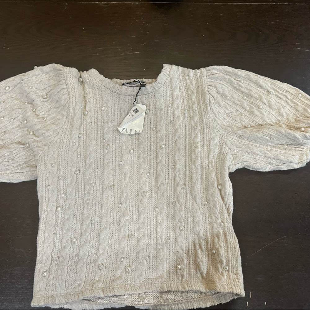 Zara Cream Pearl-Embellished Cable Knit Sweater